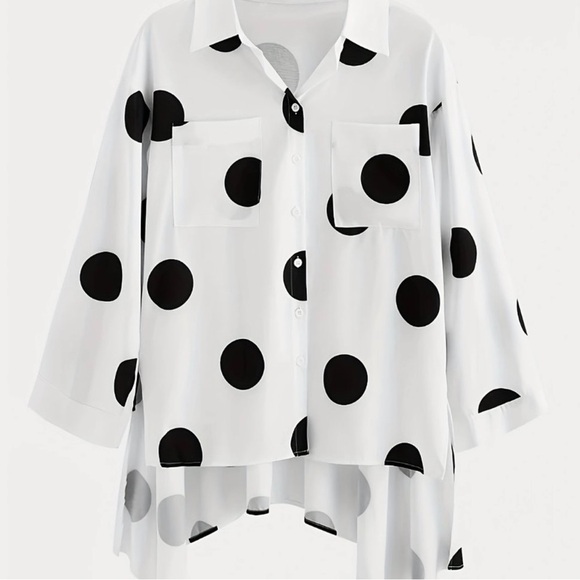 Polka Dot Print Dipped Hem Casual Button Front Long Sleeve Blouse - Picture 4 of 6